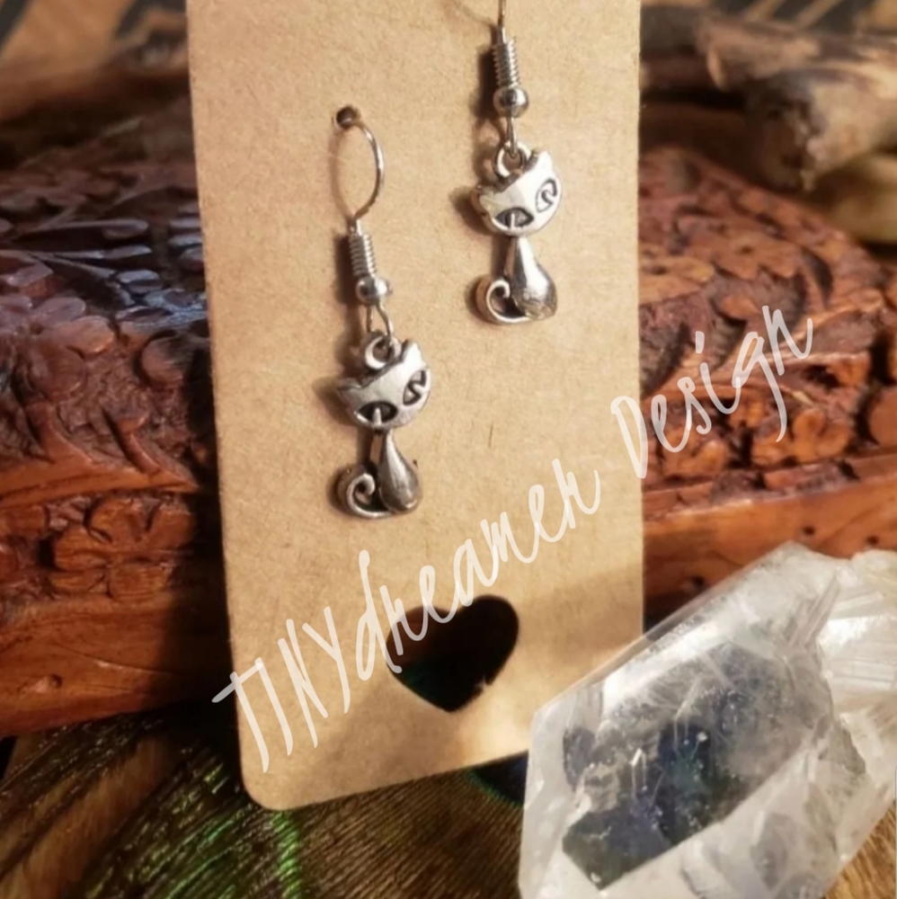 Cat earrings Meow Silver Kitty Feline Pet Animal Lover gift idea Halloween Witch - Picture 7 of 9